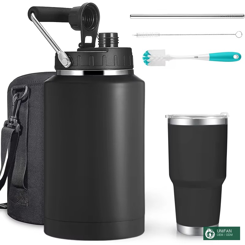UNIFAN Sports Water Bottle 128 Oz/One Gallon Vacuum Insulated 304 Stainless Steel Double Walled Beer Growler with Thermo Mug