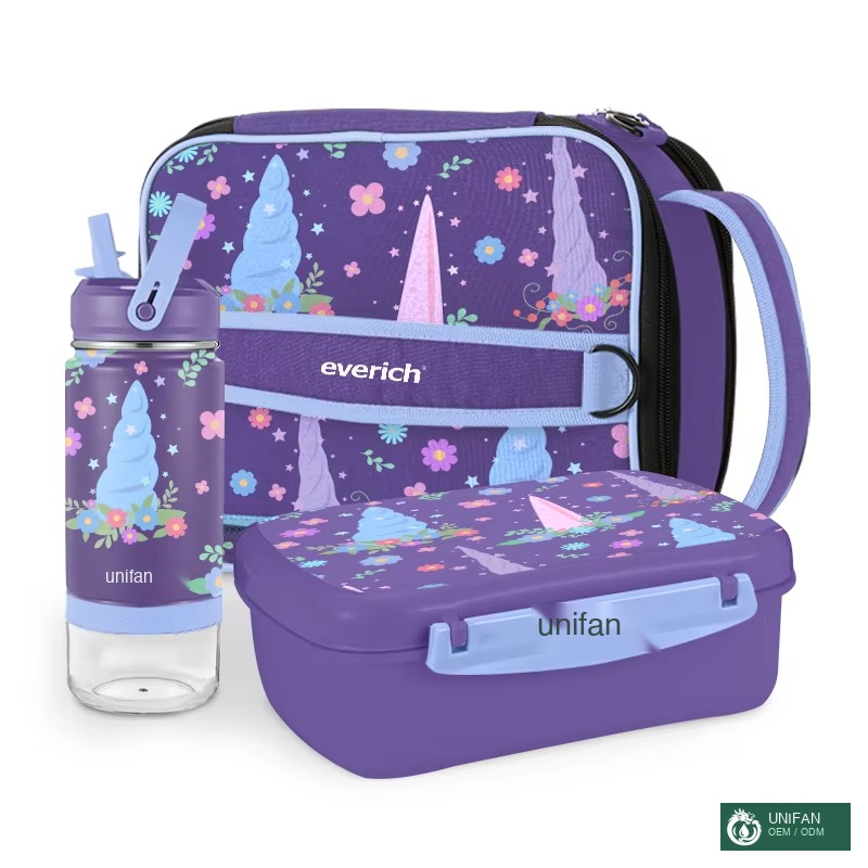 UNIFAN New Cute Design Insulation Plastic Kids Lunch Box With Stainless Steel Kids Water Bottle for Set Custom Color Logo