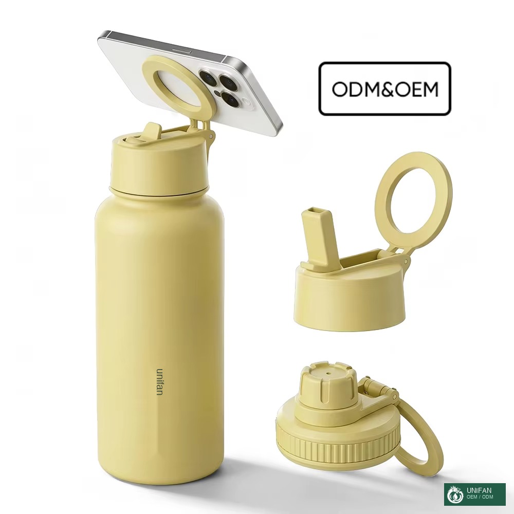 UNIFAN Custom logo New Arrivals Double Wall 32oz Stainless Steel Gym Magnet Water Bottle with Magnetic Phone Holder Lid
