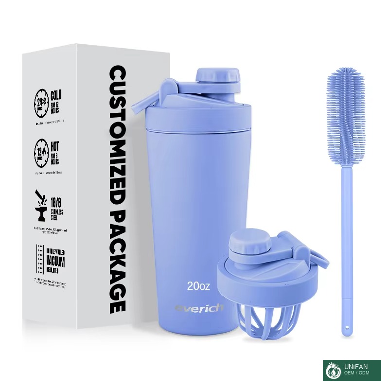 UNIFAN New Design 600ml Gym Double Wall Vacuum Insulated Stainless Steel Fitness Protein Shaker Bottles
