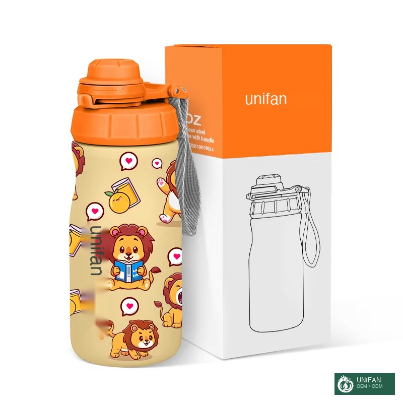 UNIFAN BPA FREE FOOD GRADE Latest Style Children Water Bottle 14oz Double Wall Vacuum Insulated Customized Flask with New Lid