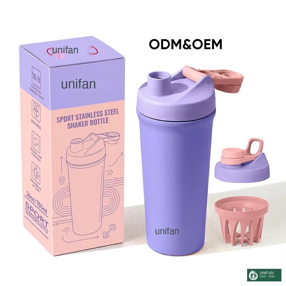 UNIFAN Gym Shaker Bottle 600ml Double Wall Vacuum Insulated Stainless Steel Fitness Protein Shaker Bottles