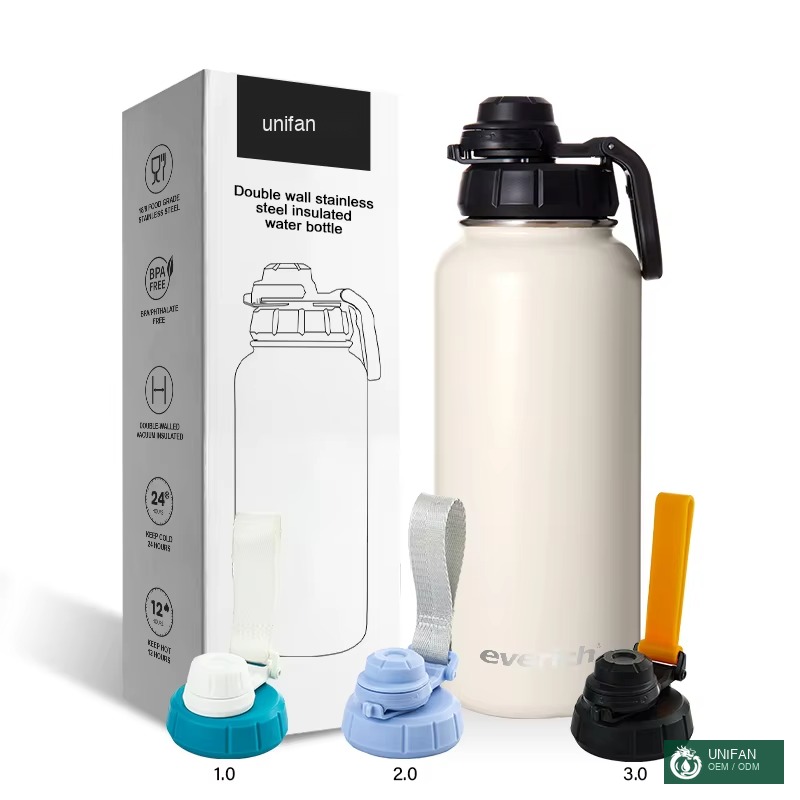 UNIFAN Double Wall Metal Insulated 304 Stainless Steel Water Bottle with Upgrade Lid New Function