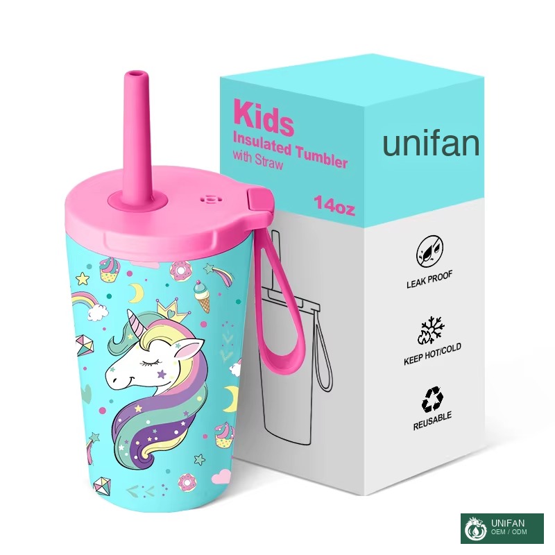 UNIFAN Insulated Tumbler 14oz for Kids Tumbler with Straw Vacuum Stainless Steel Tumbler Water Bottles Leakproof Easy Clean