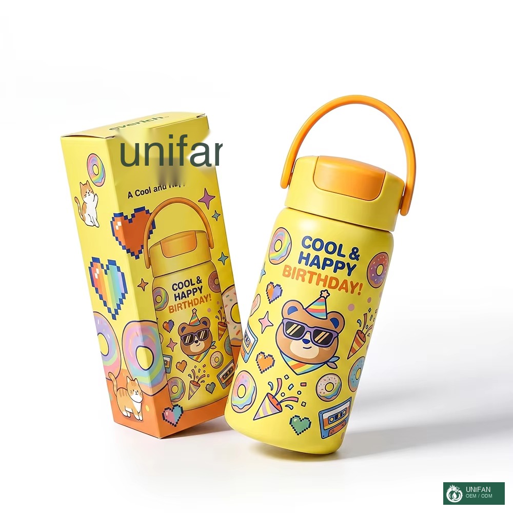 UNIFAN Custom 3D Cute Printing Children Stainless Steel Water Bottle Keep Hot and Cold Insulated Kids Water Bottle