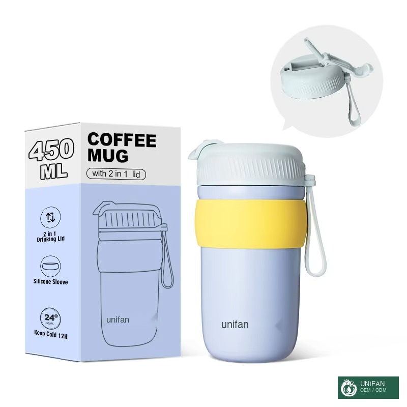 UNIFAN 450ml Stainless Steel Coffee Cup with Dual Lid & Silicone Handle, Double-Walled Vacuum Insulated