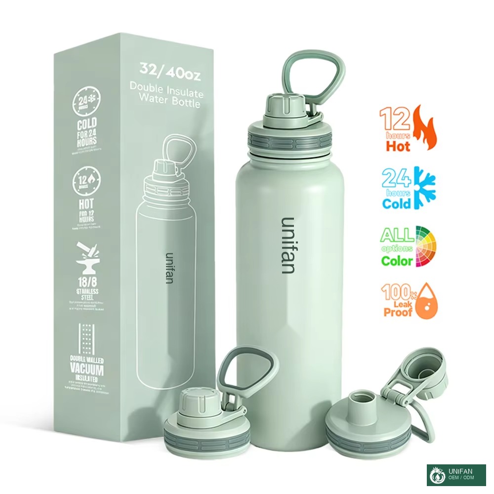 UNIFAN 24H Hot 12H Cold Stainless Steel Water Bottle 32oz 40oz, Double Wall Insulated, Wide Handle Leakproof Lid