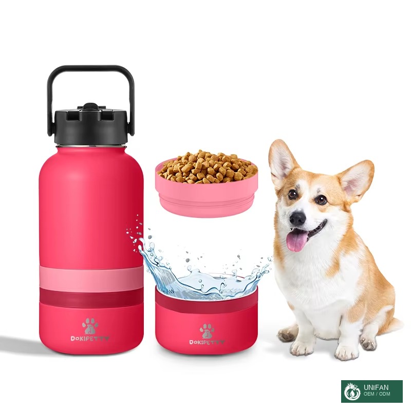 UNIFAN Custom 3 in 1 Portable 32oz Cute Dog Paw Pattern Multi-Function Pet Bottle for Outdoors with Detachable Feeders Dog Bottle