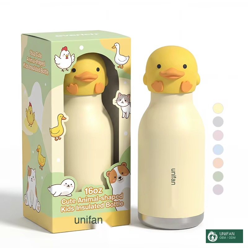 UNIFAN 2026 Custom BPA-Free Kids Insulated Bottle 450ml/16oz Double-Wall Vacuum Flask with Leakproof Lid and Adorable Animal Design