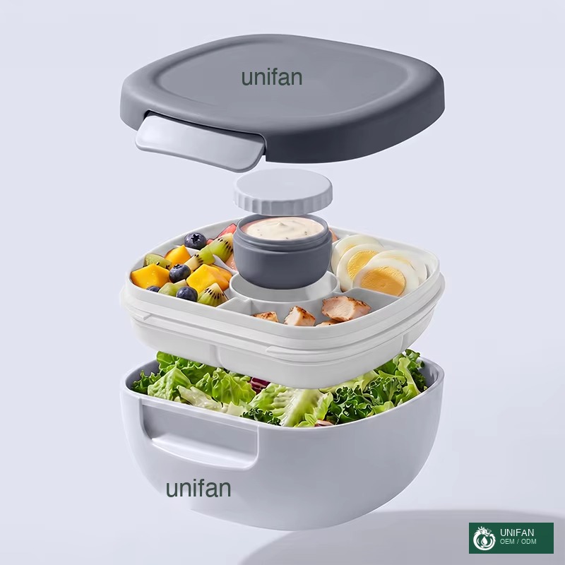 UNIFAN 1500ml Double Layer BPA-Free PP Salad Lunch Box 4-compartment with Sauce Container Microwave Safe for Office and School (13090)