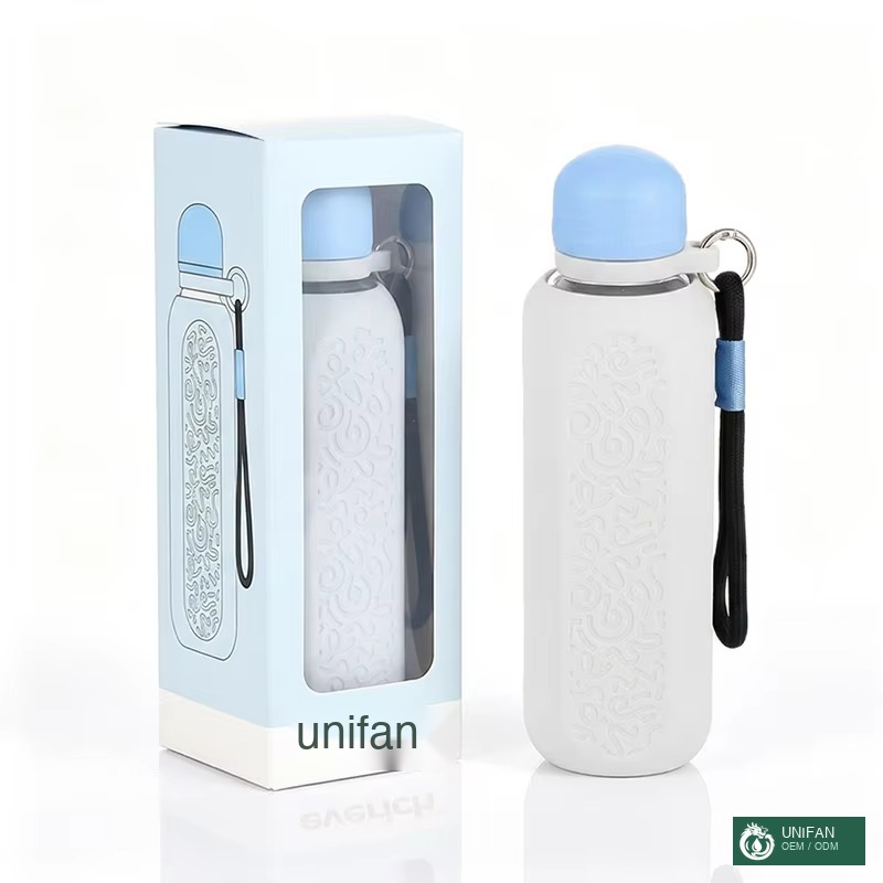 UNIFAN UNIFAN500ml Portable Glass Bottle Custom Lid Packing and Body with Silicone Insulated Cover and Handle 100% Leak-Proof