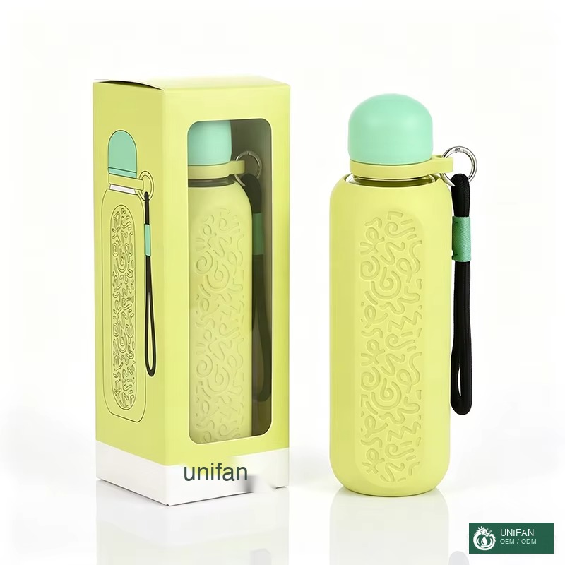 UNIFAN 500ml Portable Glass UNIFANBottle Custom Lid Packing and Body with Silicone Insulated Cover and Handle 100% Leak-Proof