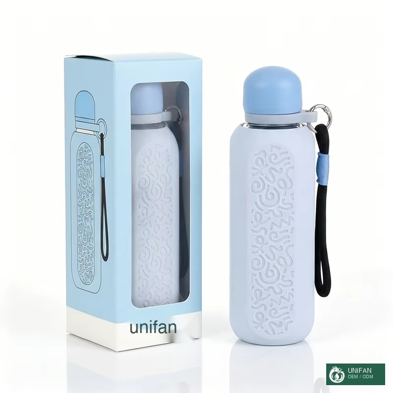 UNIFAN Glass Bottle UNIFAN500ml Portable Custom Lid Packing and Body with Silicone Insulated Cover and Handle 100% Leak-Proof
