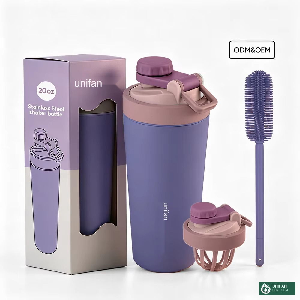 UNIFAN Custom Shaker Cup for Gym 20oz with Stationary Shaking Ball for Powder Double Wall Vacuum Insulated Bottle, for Fitness