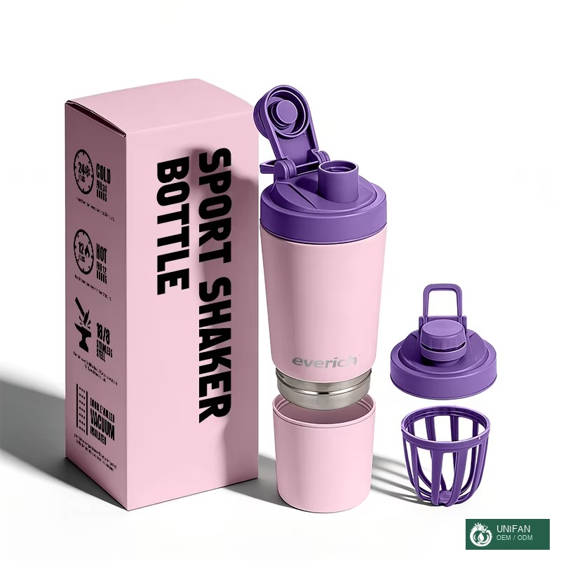 UNIFAN Dual Compartment Stainless Steel Shaker Bottle 2-in-1 Protein Shaker with Storage Vacuum Insulated Gym Fitness Custom Logo