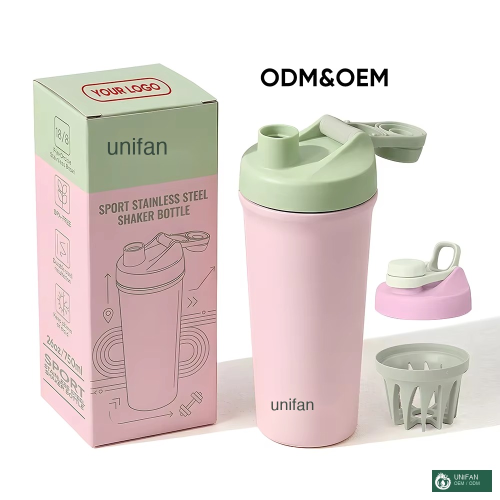UNIFAN 2-in-1 Stainless Steel Shaker Bottle with Storage Compartment Leakproof Dual Chamber Vacuum Insulated Protein Mixer Gym Fitness