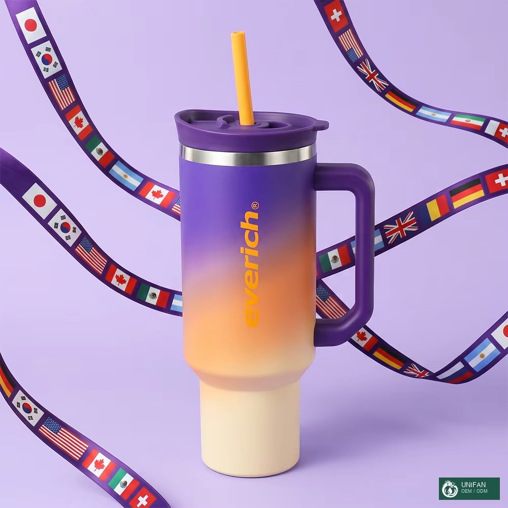 UNIFAN 40oz Insulated Tumbler with Handle Straw Lid Double Wall Stainless Steel Cartoon Print Leak Proof Travel Car Cup Outdoor Sports