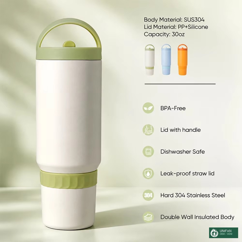 UNIFAN Custom 30oz Double Wall Stainless Steel Insulated Handle Tumbler With PP Lid and Non-Slip Silicone Grip Keeps Ice Cold & Dry