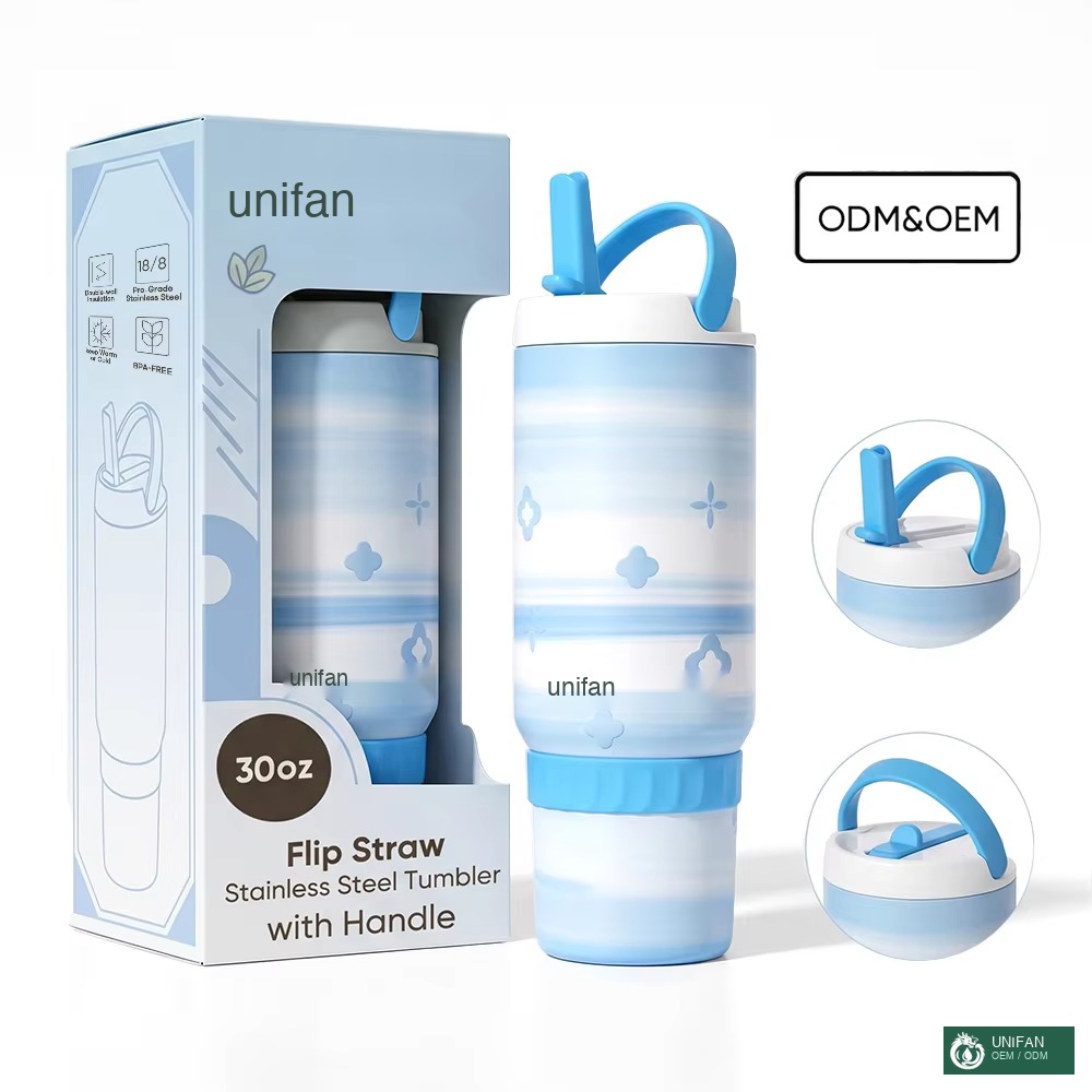 UNIFAN 30 oz Tumbler with Handle and Straw Stainless Steel Vacuum Insulated, Wide Mouth, Leakproof, Custom Cute Pattern, Sport Travel