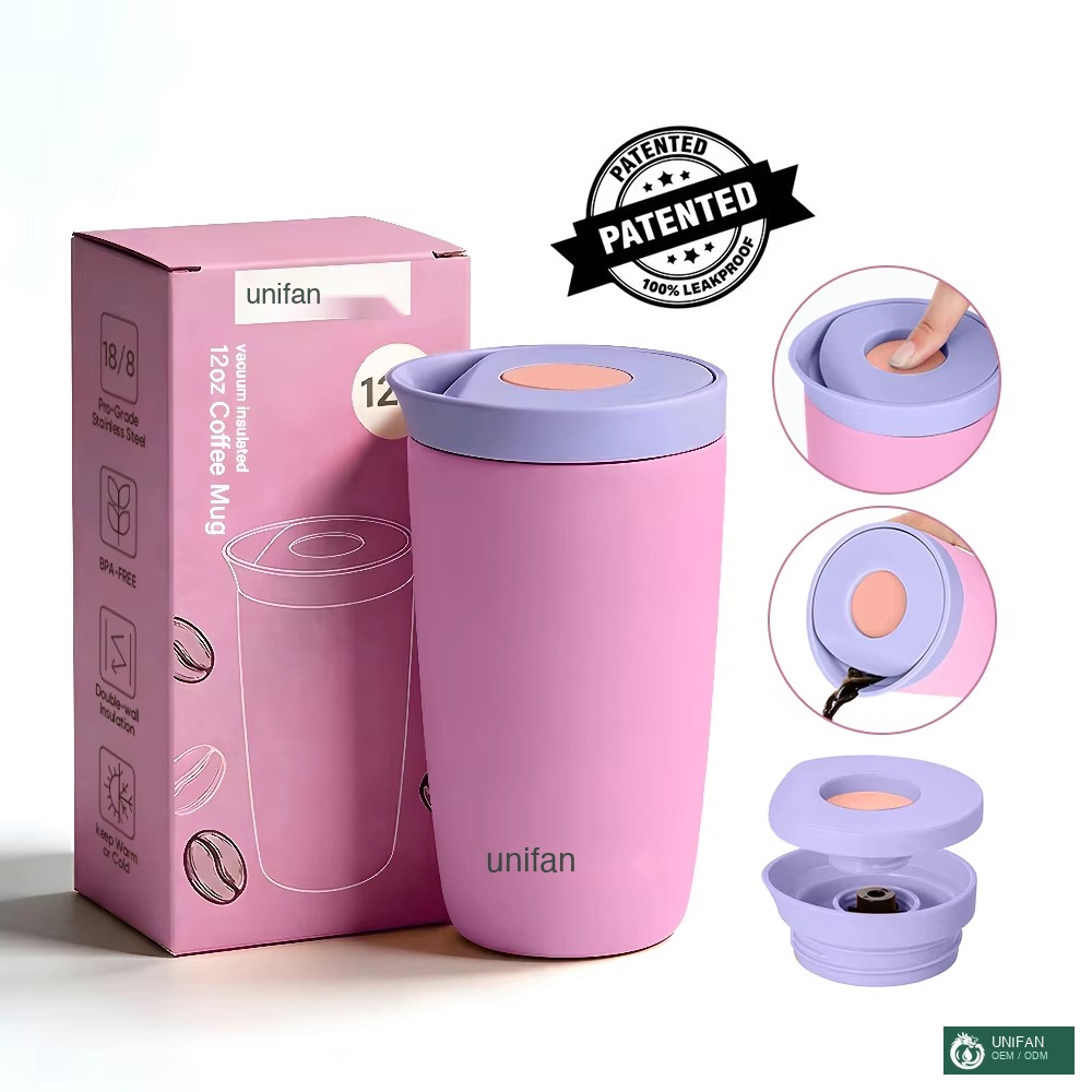 UNIFAN 12oz Vacuum Insulated Stainless Steel Coffee Cup with Press Lid Reusable Thermal Mug Double Wall BPA Free for Kids School Travel