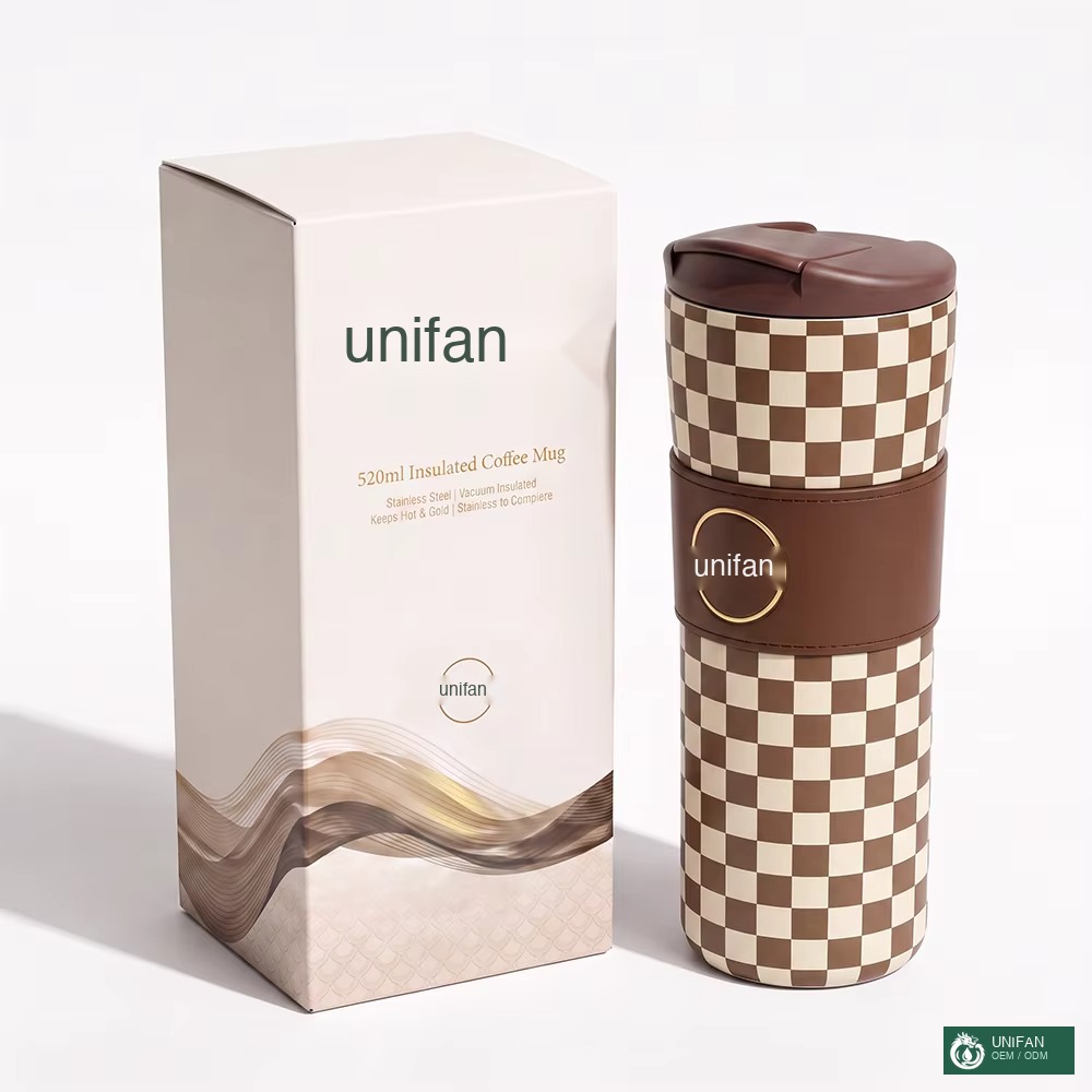 UNIFAN 520ml Double Wall Vacuum Insulated Coffee Mug Stainless Steel Tumbler with Leather Sleeve & Flip Top Lid, Custom Logo for Gift