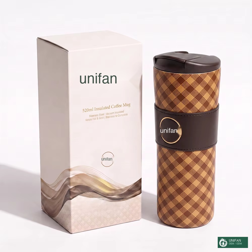 UNIFAN 520ml Double Wall Vacuum Insulated Coffee Mug with Premium Leather Sleeve Flip Top Lid Travel Tumbler Custom Logo for Gift