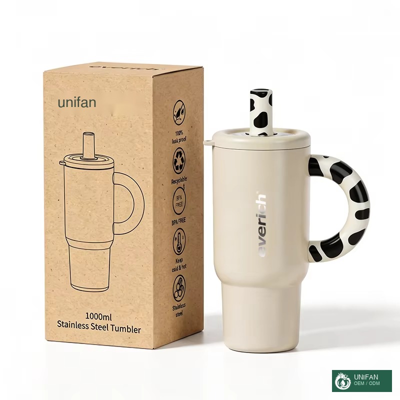 UNIFAN 40oz Stainless Steel Vacuum Insulated Tumbler with Tortoiseshell Acrylic Handle Leak Proof Tritan Straw Double Wall Travel Cup