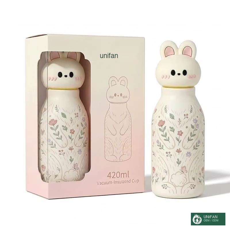 UNIFAN 420ml Kids Water Bottle with Cute Animal Silicone Lid 304 Stainless Steel Vacuum Insulated Leakproof BPA Free OEM ODM